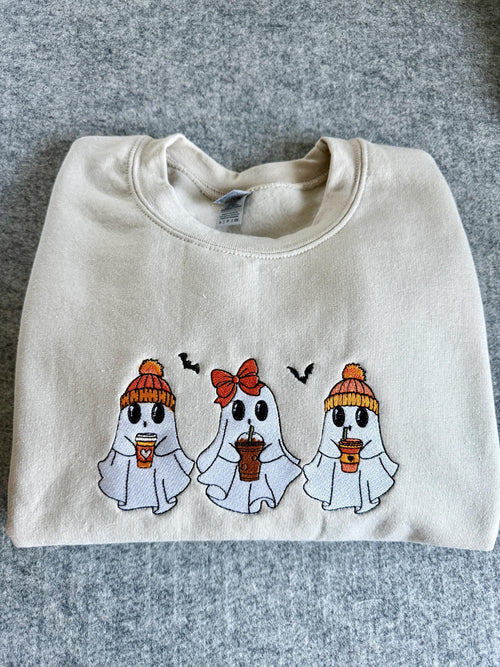 Cute ghost coffee fall Halloween Embroidered Sweatshirt gildan 18000