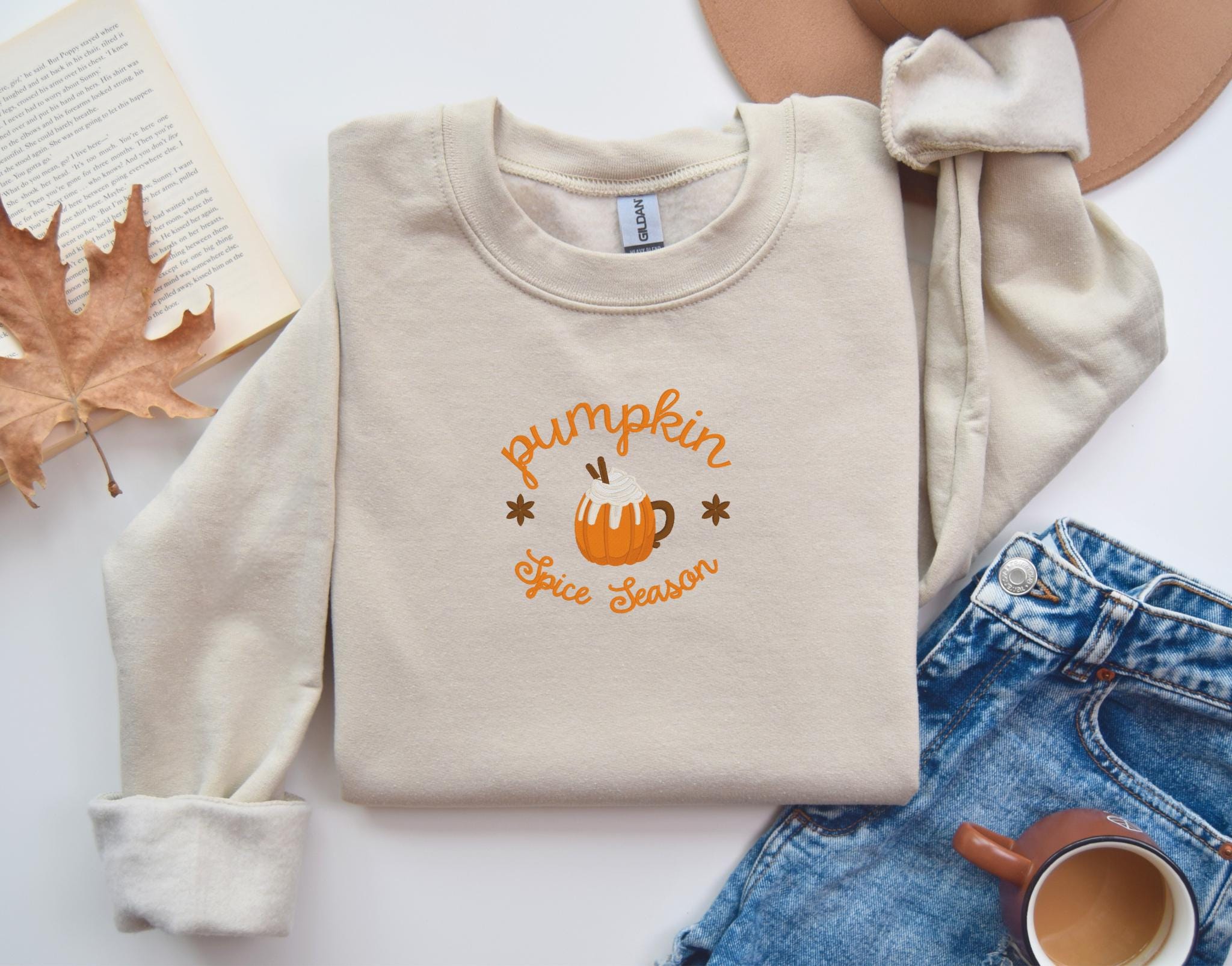 Pumpkin spice season fall Embroidered Sweatshirt gildan 18000